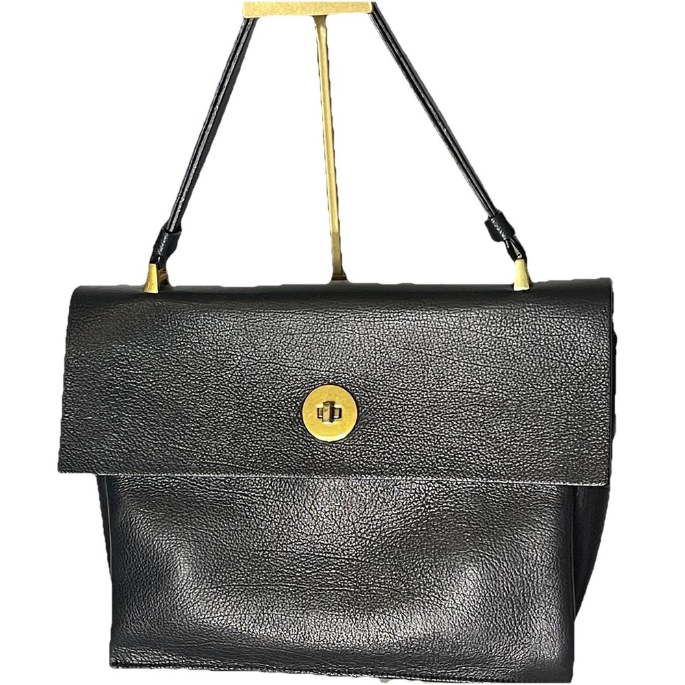 Lia Numa Italy Black Leather Mini Satchel Top Handle Turn Lock Shoulder Bag